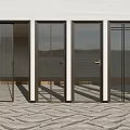 Outdoor Glass Swing Doors with Dark Frames and Scenic Water View on Patterned Paved Floor