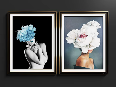 Two Framed Portrait Paintings With Blue And White Floral Head Coverings And Golden Frames 3d model