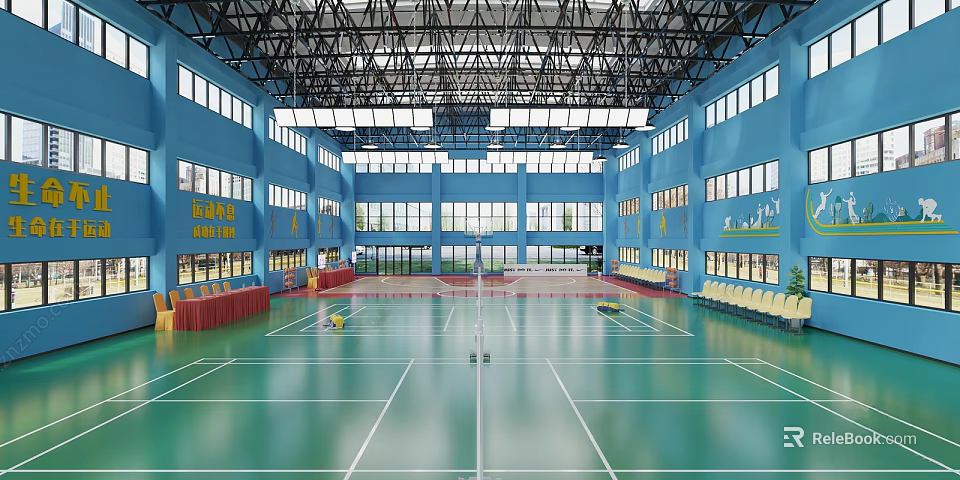 Indoor Badminton Court Facility With Bright Lighting And Seating 3d model 