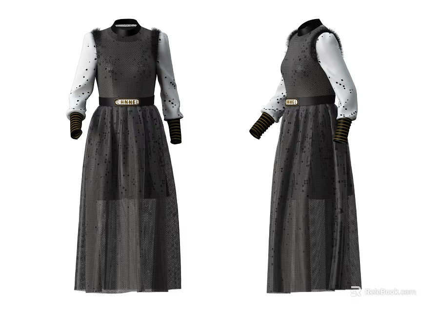 Black White Spliced Long Dress With Sheer Sleeves And Gold Belt 3d model 