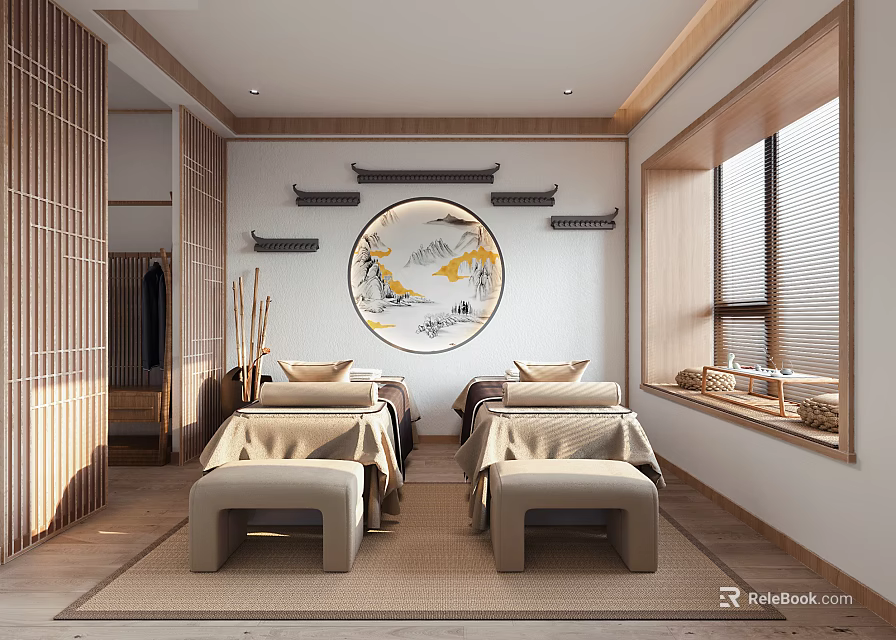 Traditional SPA Sauna Interior Featuring Beige Loungers Circular Landscape Painting and Wooden Elements 3d model 