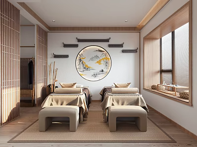 Traditional SPA Sauna Interior Featuring Beige Loungers Circular Landscape Painting and Wooden Elements 3d model