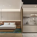 Hotel Guest Room with Large Bed Open Kitchen Marble Countertop Living Area and Modern Design