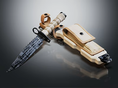 Tactical Knife Weapon with Patterned Blade Tan Strapped Handle and Leather Sheath 3d model