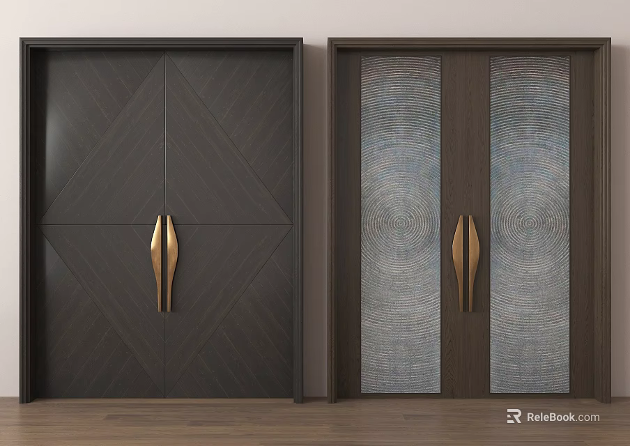 Elegant Dark Wooden Double Doors With Geometric Pattern Glass Panels And Golden Handles 3d model 