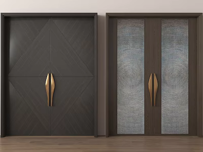 Elegant Dark Wooden Double Doors With Geometric Pattern Glass Panels And Golden Handles 3d model