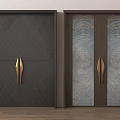 Elegant Dark Wooden Double Doors With Geometric Pattern Glass Panels And Golden Handles