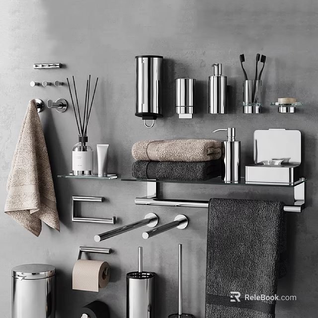 Modern Bathroom Cabinet Rack With Hanging Folded Towels Metal Accessories And Toiletries 3d model 