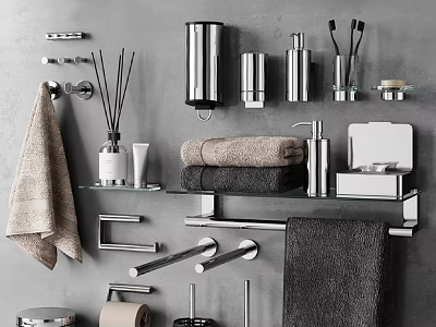 Modern Bathroom Cabinet Rack With Hanging Folded Towels Metal Accessories And Toiletries 3d model