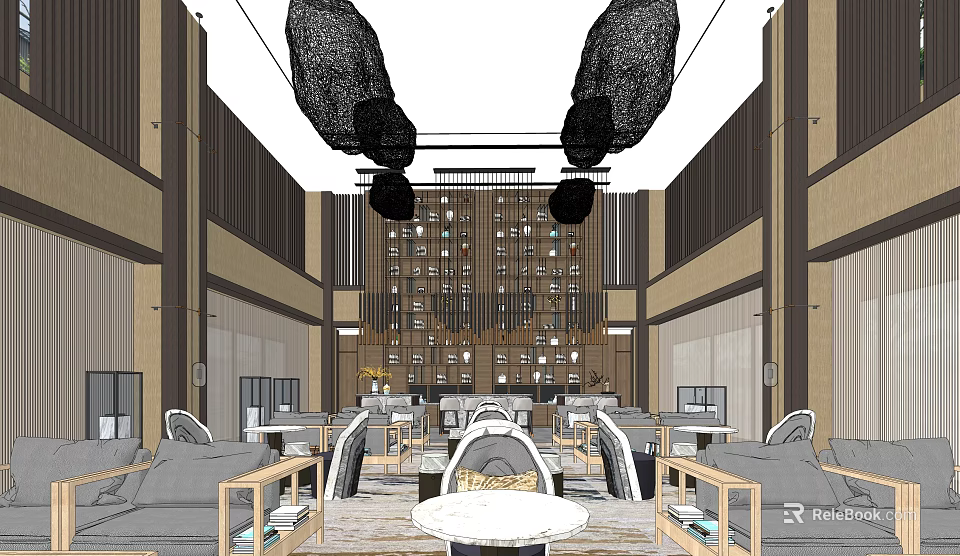 Modern Sales Office Interior Design With Black Mesh Pendant Lights Sofas And Decorative Wall Panels 3d model 