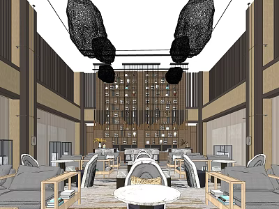 Modern Sales Office Interior Design With Black Mesh Pendant Lights Sofas And Decorative Wall Panels 3d model
