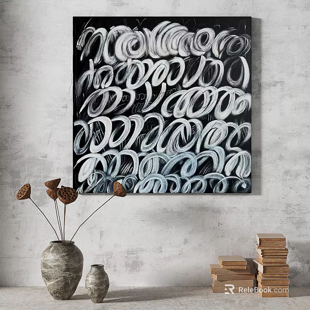 Modern Abstract Painting With Black Background And White Gray Circular Patterns 3d model
