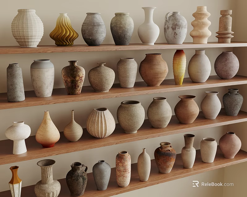Assorted Ceramic Vessels Displayed on Wooden Shelves with Various Shapes and Textures 3d model 