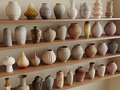 Assorted Ceramic Vessels Displayed on Wooden Shelves with Various Shapes and Textures 3d model