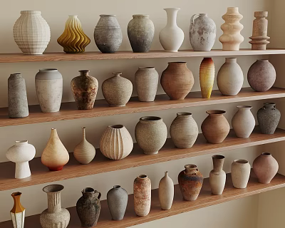 Assorted Ceramic Vessels Displayed on Wooden Shelves with Various Shapes and Textures 3d model