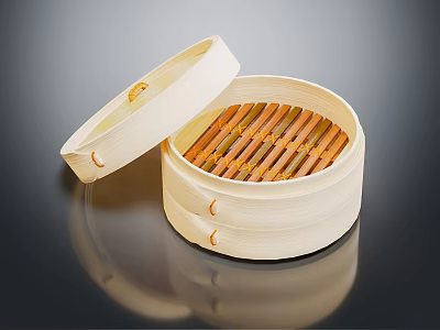 Traditional Bamboo Kitchen Steamer with Open Lid and Bamboo Slats Inside 3d model