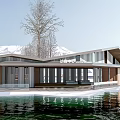 Modern Post Station Architecture With Snowy Mountains Waterfront And Trees