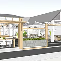 Outdoor Café Patio With White Canopy Pillars Tables Chairs And Green Plants