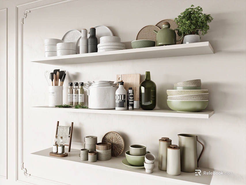 Organized White Kitchen Shelves With Ceramic Kitchenware Plates Bowls Jars And Green Plants 3d model 