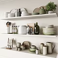 Organized White Kitchen Shelves With Ceramic Kitchenware Plates Bowls Jars And Green Plants
