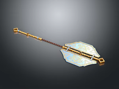 Ornate Golden Accented Weapon With Blue Patterns And Long Handle Design 3d model