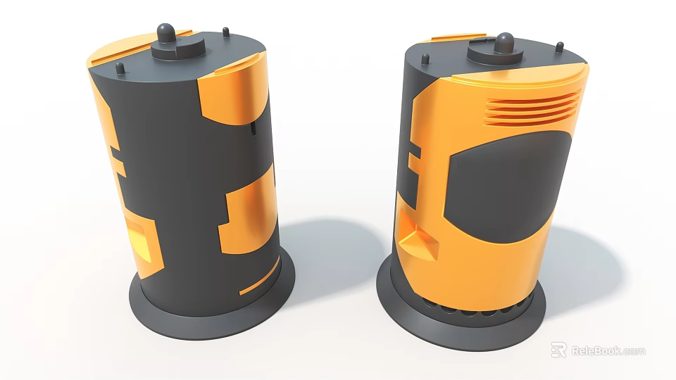 Modern Art Installation With Two Cylindrical Black And Orange Sculptural Geometric Designs 3d model 