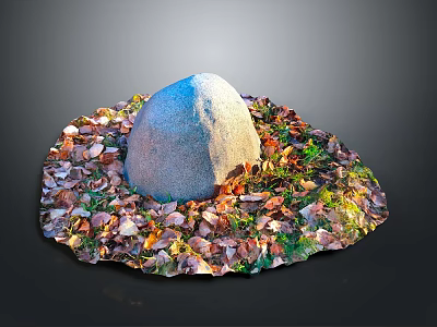 Natural Gray Stone Surrounded by Colorful Fallen Leaves and Lush Green Grass 3d model