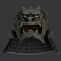 Artistic Samurai Helmet Sculpture With Mythical Beast Face Metal Grid And Brown Edge Details