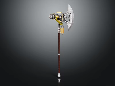 Mechanical Sci Fi Axe With Metal Blade Yellow Accents And Wooden Handle 3d model