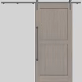Brown Wooden Hinged Door Modern Design With Black Handle Sliding Track Against White Wall