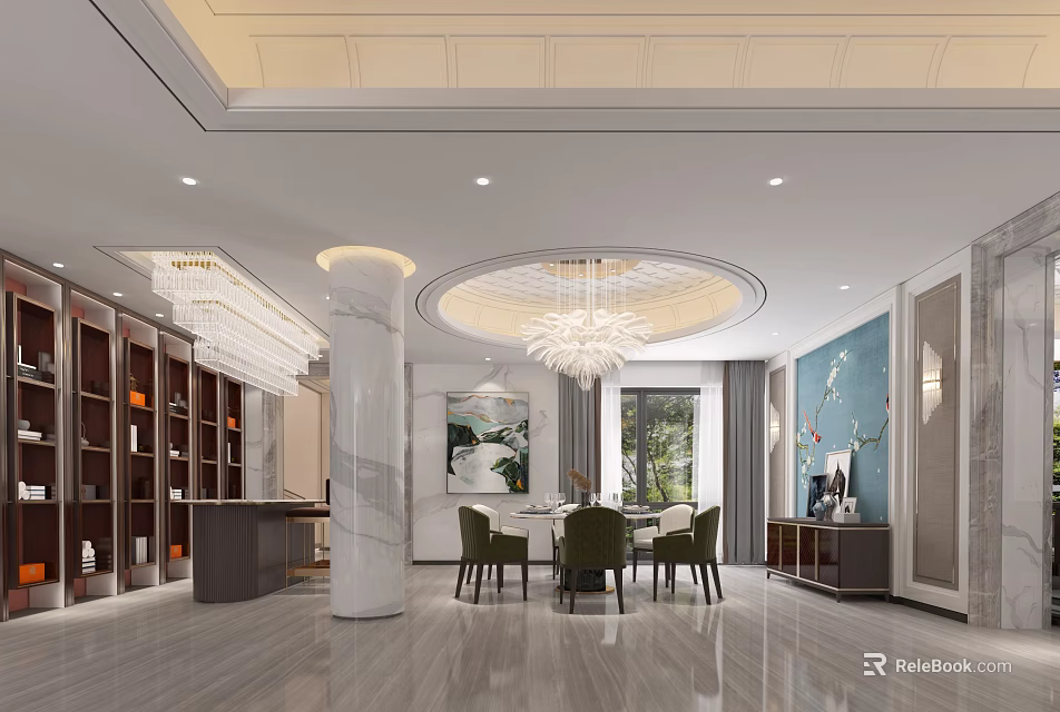 Elegant Modern Restaurant Interior With Circular Chandelier Marble Pillar And Dining Table 3d model 