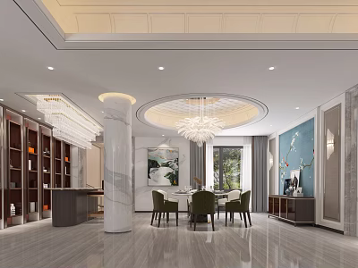 Elegant Modern Restaurant Interior With Circular Chandelier Marble Pillar And Dining Table 3d model