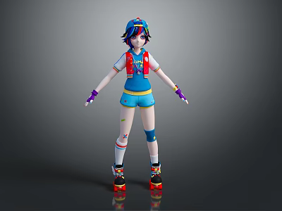 Game Movie Character With Blue Hair Blue Cap Red Vest And Red Roller Skates 3d model