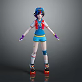 Game Movie Character With Blue Hair Blue Cap Red Vest And Red Roller Skates