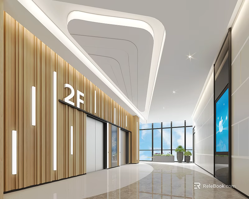 Modern Elevator Hallway with 2F Signage Wooden Walls Recessed Lighting Large Windows and Spacious Design 3d model 