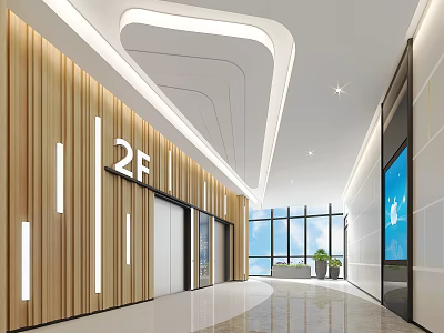Modern Elevator Hallway with 2F Signage Wooden Walls Recessed Lighting Large Windows and Spacious Design 3d model