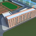 Red Brick School Building With Multiple Floors Green Lawn And Open Courtyard 3d model