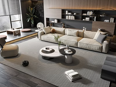 Modern Living Room Interior Beige Sofa And Round Coffee Table Set On Area Rug With Bookshelf 3d model