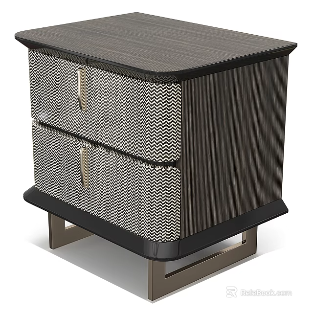 Modern Luxury Two Drawer Nightstand With Chevron Textured Drawers Dark Wood Veneer And Metal Legs 3d model 