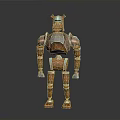 3D Robot Character With Angular Head Segmented Body Metal And Wooden Parts Silver Brown Design