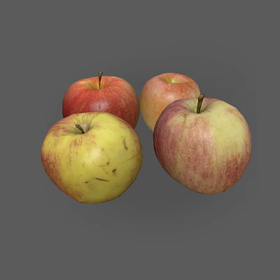 Four Fresh Apples Red Yellow and Red Yellow Varieties Against Gray Background 3d model