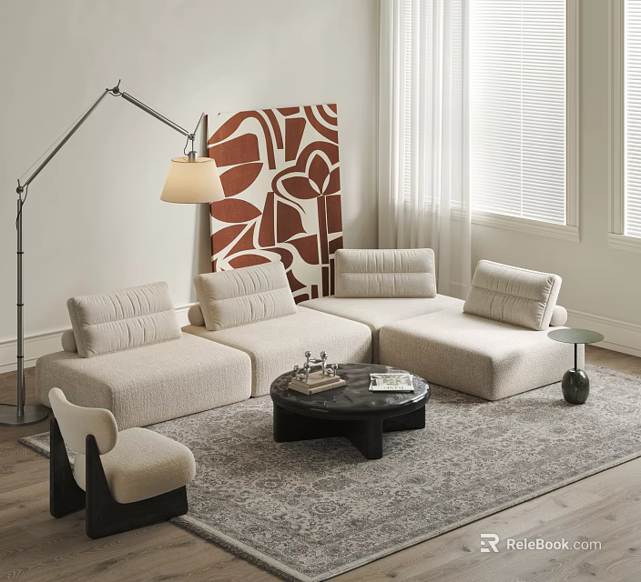 Modern Comfortable Sofa and Coffee Table Set With Marble Top Floor Lamp and Area Rug 3d model 