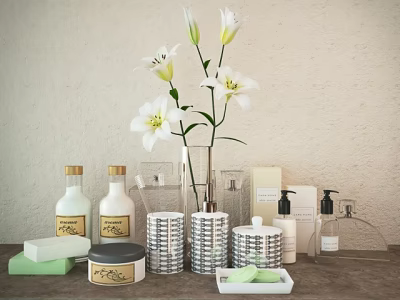 Elegant Bathroom Accessories with White Lilies Vase Silver Containers and Toiletries Bottles 3d model