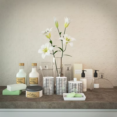 Elegant Bathroom Accessories with White Lilies Vase Silver Containers and Toiletries Bottles 3d model
