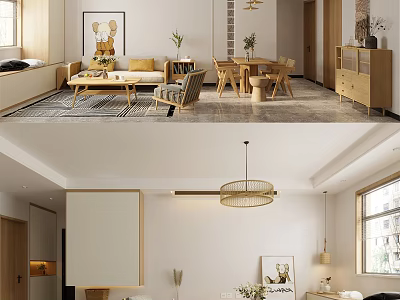 Modern Living and Dining Room Interior With Sofa Dining Table Chairs Pendant Light and Artwork 3d model