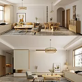 Modern Living and Dining Room Interior With Sofa Dining Table Chairs Pendant Light and Artwork