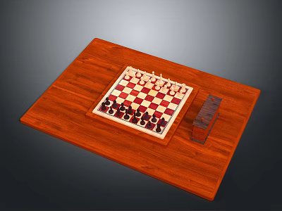 Wooden Chess Table With Checkered Board Arranged Pieces And Storage Box 3d model
