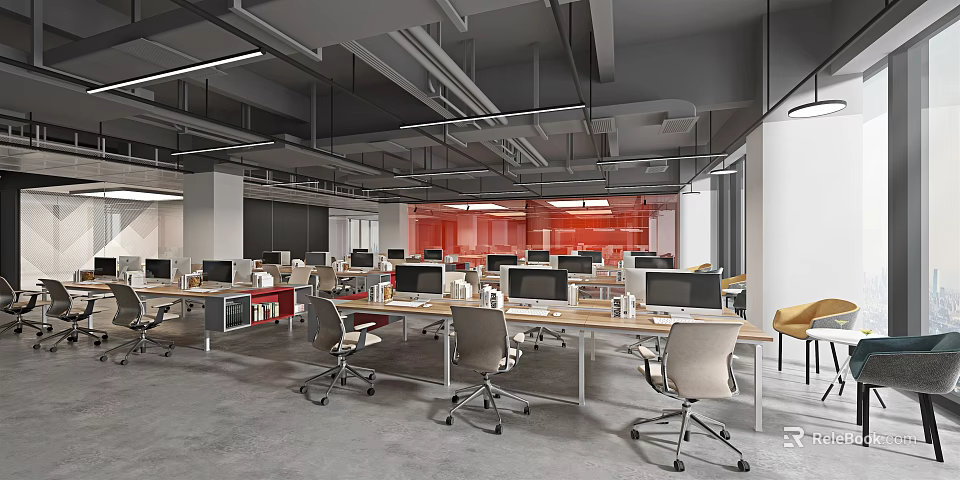 Modern Public Office Space With Open Layout Workstations Ergonomic Chairs And Computers 3d model