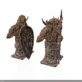 Male Warrior Statues with Intricate Armor Shield Spear and Carved Details