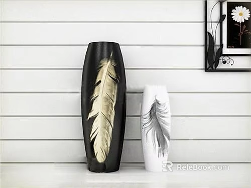Decorative Black And White Vases With Feather Design On White Striped Wall Flowers 3d model 